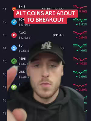 The cover image is a vertical screen recording. It shows a man centered in the frame with a black cap, facing the camera. Behind him, the image shows stock market information, highlighting different cryptocurrencies with their value changes. In the upper portion of the screen over the data sheet, at the top, there's a colored rectangle with the text overlay: "ALT COINS ARE ABOUT TO BREAKOUT". The background is dark, and the overall composition focuses on financial information and the man's presentation style.