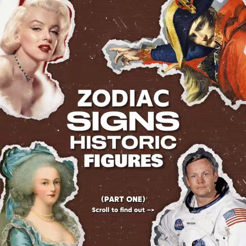 The image is a collage-style graphic designed for social media. It features a dark brown, textured background with a torn paper aesthetic. Images of historical figures and celebrities are displayed in irregularly-shaped cutouts. The text overlay reads 'ZODIAC SIGNS HISTORIC FIGURES,' with additional text '(PART ONE) Scroll to find out ->.' Figures include Marilyn Monroe, Marie Antoinette, Napoleon, and Neil Armstrong, each framed by a paper-tear effect. The overall color scheme is a mix of the subjects' skin tones and clothing, set against a dark background.