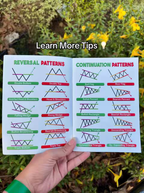 The cover image displays an open book held by a person, with the pages showing trading patterns. The left page is labeled "REVERSAL PATTERNS" and the right page "CONTINUATION PATTERNS", featuring charts for various technical analysis indicators such as Double Top, Double Bottom, Bull Flag, Bear Flag, and others. The background is a blurred, natural setting with green foliage and yellow flowers, with the text "Learn More Tips" overlaid at the top.