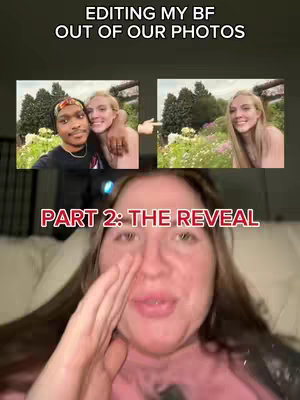 The cover image is a vertical split screen showcasing two photo edits and a woman's face. The top half displays two edited photos side-by-side. In the first, a man is embracing a woman, and in the second, the man has been edited out, leaving only the woman. Below the photos, a woman's face is visible, covering her mouth with her hand, hinting at a reaction. The overall composition uses a mix of photography and digital editing to convey a specific narrative.