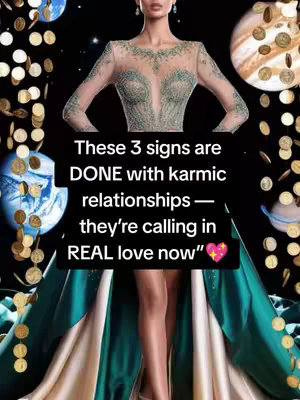 The cover image features a stylized image of a woman in a glamorous gown with an emphasis on astrology and love. The woman is positioned centrally, wearing a gown with a flowing, emerald green and beige color palette, and long sleeves that partially cover her outstretched arms. The background is a deep black transitioning to a starry outer space, with planets and floating gold coins suggesting wealth or fortune. Overlayed on the image is a black rectangle with white text, which states, 'These 3 signs are DONE with karmic relationships -- they're calling in REAL love now," accented with a pink heart emoji. The composition uses vertical emphasis, highlighting the woman and the text, with a blend of astrological and romantic themes to attract viewers.