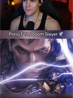 The image is split horizontally. The upper half shows a man looking at the screen, appearing on camera and reacting to something. The lower half reveals a dramatic, close-up of a game character with a determined expression. The upper half has a text overlay in a purple banner.