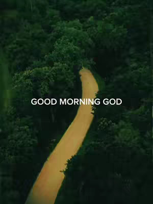 A high angle shot captures a verdant forest canopy. A golden road winds its way through the trees, bathed in soft light. Overlayed in stark white, the text 'GOOD MORNING GOD' prominently appears, offering a message of faith amidst the natural setting.