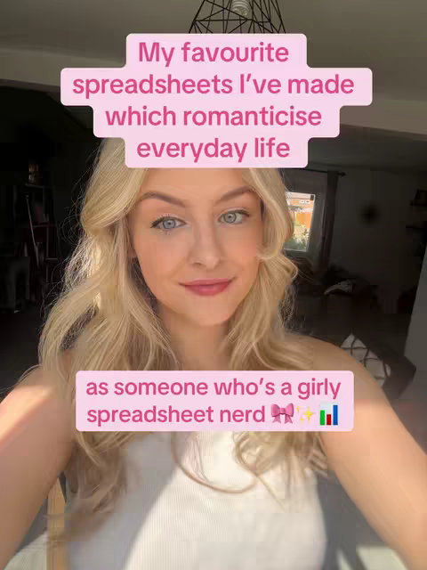 A woman with long blonde hair is smiling at the camera. The overlay text is in pink, enclosed in a pink bubble at the top and bottom of the frame.