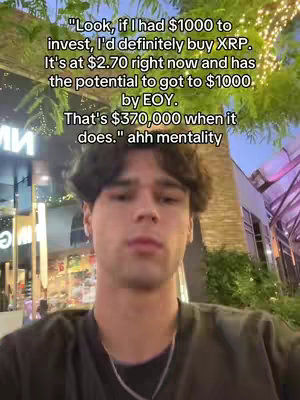 A young man stands in front of a blurred outdoor background, likely a commercial area with visible storefronts and foliage. The man is positioned closer to the camera, with overlaying text describing a potential XRP investment strategy.