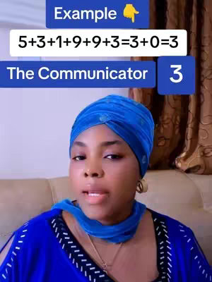 A woman with dark skin wearing a blue headscarf and top is seated on a beige sofa. Above her, text boxes display a math problem, 'Example' and 'The Communicator 3'. The background features a wall and a glimpse of a curtain. The woman is looking slightly upwards, with the expression that gives a clue about her inner self.