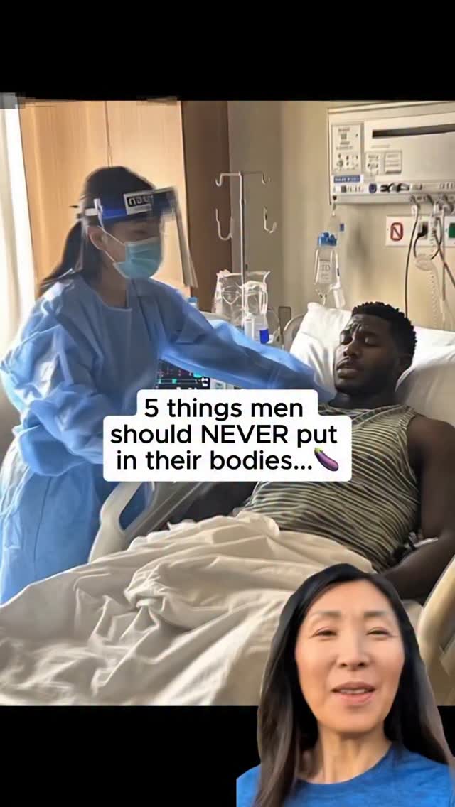 The image shows a split screen with a medical setting in the background. On the top half, a doctor in blue scrubs and a face shield is attending to a patient in a hospital bed. The patient, a Black man, is lying down, appearing to be in medical setting. Below the hospital scene an Asian woman is at the bottom right corner. On the center of the image a hook text box overlay is placed.