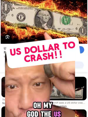 The cover image shows a man looking shocked and holding a phone. Overlayed on top of the image is a burning US dollar bill and a text box that reads 'US DOLLAR TO CRASH!!' 