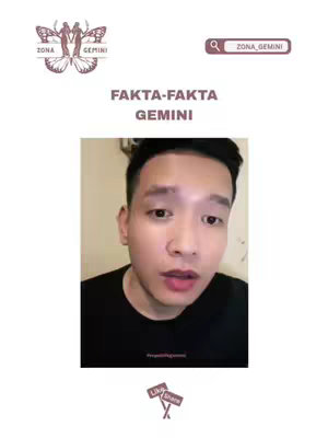 The cover image features a selfie-style video frame. The main subject is a light-skinned man with short, dark hair. He is wearing a black t-shirt and appears to be speaking to the camera. Overlayed on top is the text "FAKTA-FAKTA GEMINI", along with the logos of a zodiac-themed account and an app name search bar.