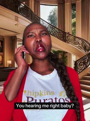 A woman with short hair and a red outfit is on the phone, looking exasperated. The background has a grand staircase and a large window. The shot creates a sense of opulence while hinting at an emotional moment.