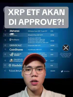 A selfie-style video cover image featuring an Asian man in a red cap and glasses, positioned in front of a screen displaying a table comparing XRP ETF options. The man is centered, with his face taking up a significant portion of the frame. The background shows a blue gradient with data, company logos and text related to financial products. Above the man's head, there is a white section with text. The composition is straightforward, with the focus squarely on the man and the information he is presenting.