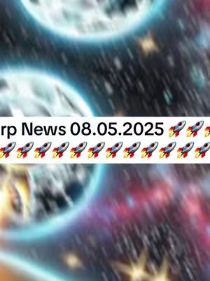 The cover image features a blurred background of a space scene with planets and nebulae. Overlaid on this are the words 'XRP News 08.05.2025' in white text, followed by multiple rocket ship emojis.