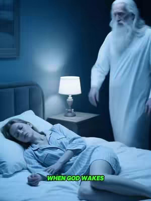 A nighttime scene. A young woman lies in a bed, seemingly asleep, in a dimly lit room. A man with a long white beard, representing a biblical figure, stands nearby, looking down towards her.