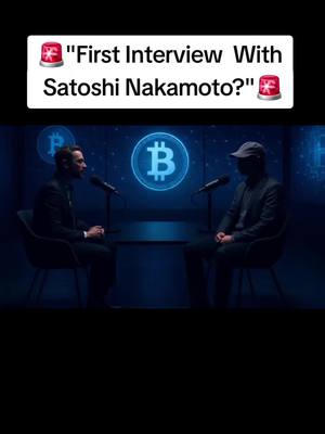 The image is a digitally created scene depicting an interview setting. Two men are seated at a table, facing each other. Each has a microphone in front of them. Behind them is a glowing blue backdrop with the Bitcoin symbol in the center. The text overlay indicates that the video discusses a fictional interview with Satoshi Nakamoto.