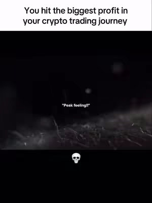 The image is a dark scene with text overlays. The top text says, 'You hit the biggest profit in your crypto trading journey.' Below this, in the center, is a smaller text, 'Peak feeling!!' At the bottom, there is a skull symbol.