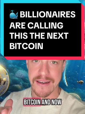 A man with slicked-back hair and a beard is centered in the frame, speaking directly to the camera against a backdrop of an underwater scene. Above him, a text overlay in a black box with a blue whale graphic states "BILLIONAIRES ARE CALLING THIS THE NEXT BITCOIN." Beneath the overlay are the words "BITCOIN AND NOW" in a pink box. The overall composition blends elements of finance, crypto, and underwater visuals.