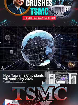 The cover image is a multi-layered graphic, with a striking design. The top left shows a circular portrait of a person in a suit, framed in gold. Above the image is a white, bold text 'CRUSHES' and 'TSMC', with the word TSMC in a gradient color scheme. A red banner then shows 'THE SHIFT ALREADY HAPPENED'. Below, there is a depiction of the globe in a digital form. On the bottom, there is a section with text 'How Taiwan's Chip plants will vanish by 2026' and 'The 2026 semicondutor collapse'. The words 'TSMC' are repeated with a cracked texture, with a section of binary code and a logo. The color palette includes black, blue, white, red, with the use of gradient effect