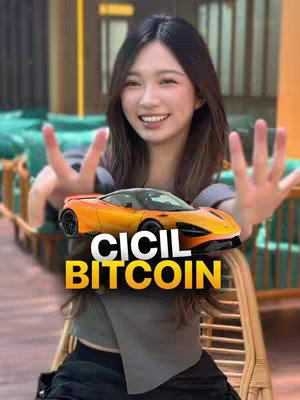 A selfie-style image with a smiling young woman in the foreground. She is making a peace sign with her hands in front of her face. Overlayed on the image is a 3D rendered orange car and the text 'CICIL BITCOIN' in large, yellow letters. The background is blurred, suggesting an indoor setting with a green sofa and decorative elements.