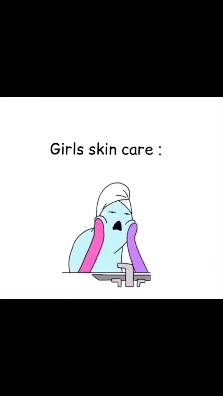 A cartoon image showing a figure with blue skin and a white towel on their head, appearing to wash their face with pink and purple washcloths. The figure has a shocked or surprised expression. Text overlay on top says 'Girls skin care :'.