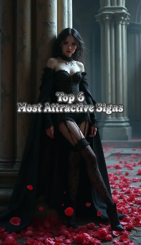 A woman in gothic attire is posed against a classical architectural background. The text overlayed reads 'Top 6 Most Attractive Signs'. Red rose petals cover the floor.