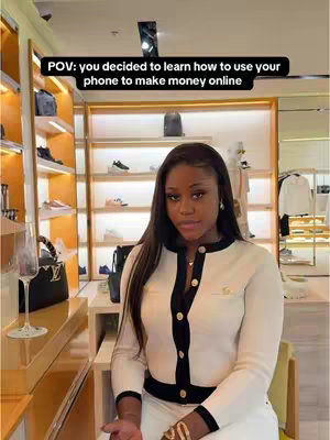 A woman in a white and black blazer poses inside a luxury store with shelves of products in the background. Text overlay indicates the video's theme: how to make money online.