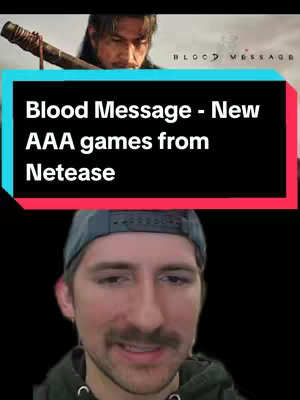 The cover image features a split-screen. The top half displays a promotional image from the game 'Blood Message,' showcasing a character with a weapon. A blue rectangular overlay at the center contains text. The bottom half shows a man with a mustache looking at the camera.