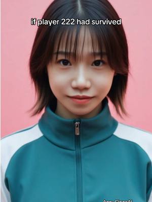A young woman with dark hair and bangs is centered in the frame, against a pink background. She wears a teal and white tracksuit top. Text overlayed above says, 'if player 222 had survived'.
