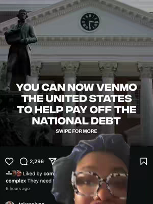 The cover image shows a split view. The top half features a stone building with a clock and statue, along with overlaid text about using Venmo to pay off the national debt. The bottom half shows a person looking at the camera.