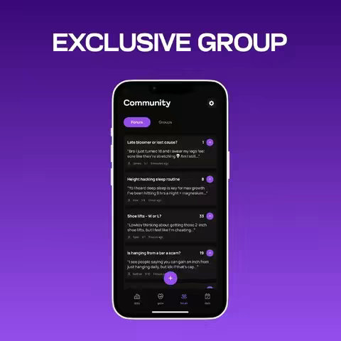 A smartphone displaying a community forum app interface, set against a gradient purple background. The app features a black and white color scheme and a list of user posts with interactive elements. The top has a text overlay that says exclusive group.