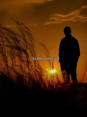 A silhouette of a person is standing in front of a sunset or sunrise with tall grass in the foreground. The sky is a warm orange color. Text overlaid reads: "So bless the Lord".