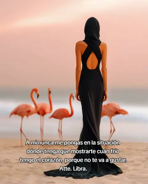 A woman in a long black dress and a hooded shawl stands with her back to the camera on a beach. Behind her are three pink flamingos on the shoreline. The sky is a blend of pink and orange.