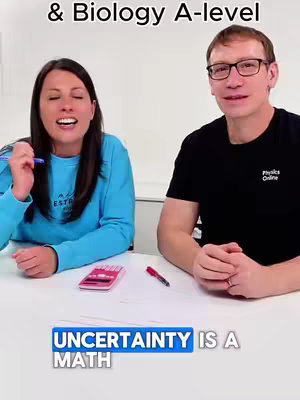 Two people, a woman and a man, are seated at a table with a light background. The woman on the left is wearing a blue sweater, and the man is wearing a black shirt with glasses. In the foreground, there is a text overlay that reads "UNCERTAINTY IS A MATH".
