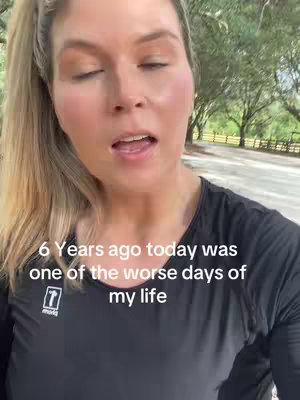 A woman with blonde hair pulled back in a ponytail is speaking, with a natural outdoor background. Text overlays below the woman.