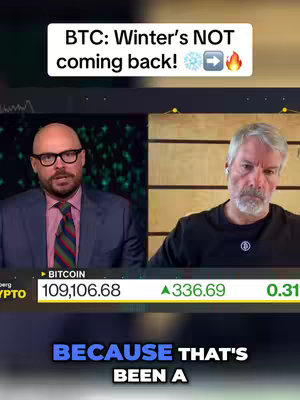 A divided screen showing two men in a news format; the top section has a text overlay with a bold header, and the bottom third includes financial data related to Bitcoin.