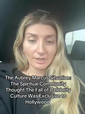 A woman with long blonde hair sits in a car, looking directly at the camera with a serious expression. Text overlays her image.
