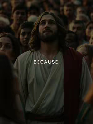 The image is cinematic, featuring a man with long brown hair and a beard in a crowd. He is wearing a white robe with a red sash. The text "BECAUSE" is overlaid on the image.