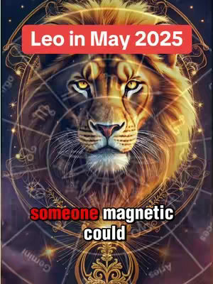 A digital artwork featuring a detailed lion's face at the center, with a golden halo effect. Overlayed are zodiac symbols and text in red and white boxes.