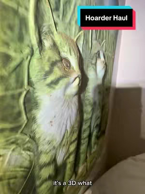The image features a close-up view of a framed piece. The central focus is a detailed painting of a cat's face, possibly a lynx or a wildcat, with visible stripes and textures. Behind the main cat face, a second form of the cat is seen. The artwork has a slightly three-dimensional effect, suggesting it might be a bas-relief or a layered painting. The dominant colors are earthy greens and browns, giving it a naturalistic feel.