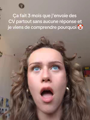 A young woman with long brown curly hair is centered in the frame against a blurred background. She has a shocked expression, with wide blue eyes looking upwards and an open mouth. Above her, text overlays detail her situation: struggles with job applications.