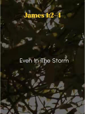 The cover image features a blurred background of green foliage with text overlays. The text 'James 1:2-4' in yellow is at the top, and beneath it, the caption 'Even In The Storm' is in white.