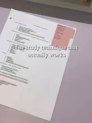 The cover image shows a top-down shot of a white sheet of paper on a light gray surface. The paper has handwritten notes and is partially obscured by an angled pink sticky note tab. Text overlayed on the image reads, "The study technique that actually works."