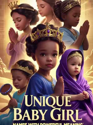 An AI-generated image featuring seven young Black girls dressed in royal attire, each adorned with a crown, in a warm, golden-lit environment. The girls are positioned with their hands clasped in prayer, suggesting a spiritual or devotional theme. The central figure is highlighted with a large crown and positioned in front of the image. Below the girls is text overlayed in large bold font, 'UNIQUE BABY GIRL' followed by smaller text conveying the message.