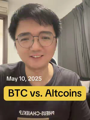 A selfie-style video cover featuring a man with glasses, the text "BTC vs. Altcoins" in a yellow box near the bottom, and the date "May 10, 2025" above the text.