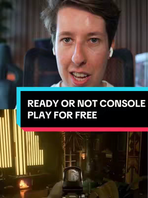 The image is split in half. The top half features a man, making eye contact, with fair skin and short hair. The bottom half of the image shows what appears to be in-game footage, with a gunsight and interior setting.