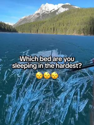 A scenic shot of a lake with a snowy mountain in the background. In the foreground, there is a layer of ice with fragmented patterns. The sky is a clear blue. Text overlaid on the ice asks a question, and emojis are added.