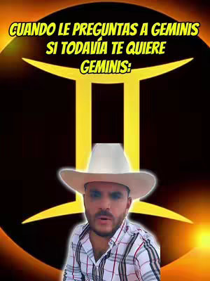 The cover image features a man in a white cowboy hat centered against a dark background with a yellow Gemini zodiac symbol and text overlay. The background appears to have a gradient with a golden hue in the bottom right. The text at the top asks a question, followed by the word "Geminis".