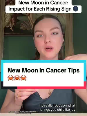 A woman with fair skin and reddish-blonde hair is in the center, speaking directly towards the camera, with two text overlays. The top one reads "New Moon in Cancer: Impact for Each Rising sign" with a navy blue background. A second text overlay covers most of the bottom part of the screen, featuring text on a teal background with three crab emojis. The background includes soft lighting, and the woman is wearing a dark top and a necklace.