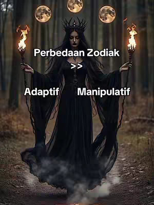 A dark, stylized image featuring a woman dressed in a long black gown, crowned and holding torches. The background shows a blurred forest scene, overlaid with three moons and text labels.
