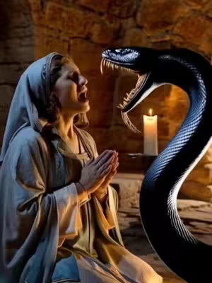 The image depicts a woman with clasped hands and an open mouth, possibly in prayer or distress, located within a dimly lit, stone-walled interior. A large, stylized black snake, with an open mouth showing sharp teeth, dominates the right side. A lit candle sits on a shelf in the background, providing a warm glow against the cooler tones of the scene.