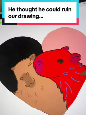 The cover image features an artistic digital drawing of three capybara-like creatures arranged in a heart shape, drawn against a solid white background. The top right creature is colored red and the central creature is light brown and the left figure is black. The background is a gradient of pink and black, with the text overlayed on top. The overall composition is cute and playful with high contrast.